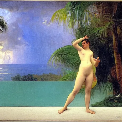 Image similar to Girl throwing gand signs at the palace, thunderstorm, pool, beach and palm trees on the background major arcana sky, by paul delaroche, alphonse mucha and arnold böcklin arnold böcklin hyperrealistic 8k, very detailed