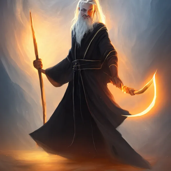 Prompt: Young, handsome wizard with a blonde ponytail wearing exquisite black robes, a spider cloak and wielding a legendary staff of light. Magic, orange lighting, flux. High fantasy, digital painting, HD, 4k, detailed.