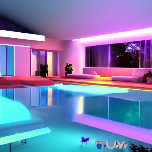 Prompt: govee hue led strip lighting, swiming pool, scene, colourful, 8 k, unreal engine, realistic, house and home,