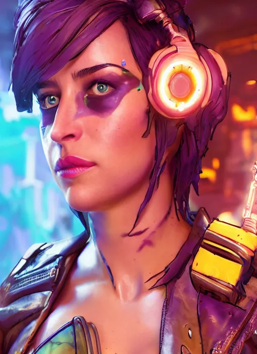 Image similar to glowwave portrait of dakota johnson from borderlands 3, au naturel, hyper detailed, digital art, trending in artstation, cinematic lighting, studio quality, smooth render, unreal engine 5 rendered, octane rendered, art style by klimt and nixeu and ian sprigger and wlop and krenz cushart.