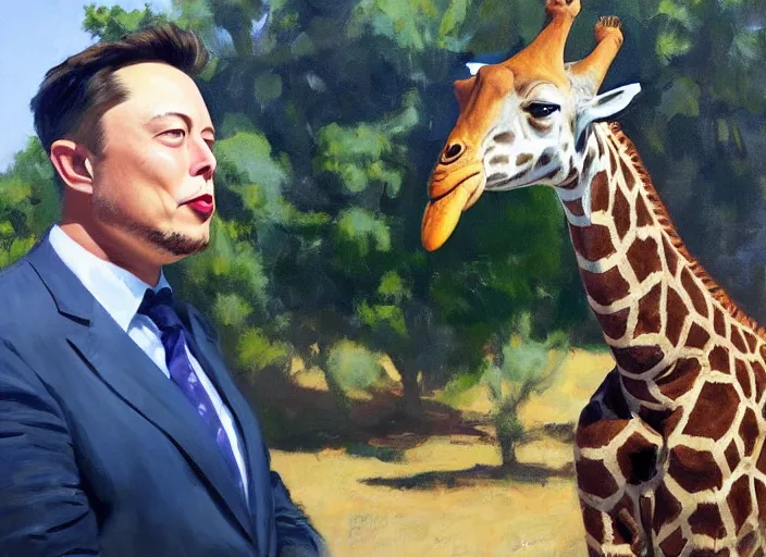 Image similar to a highly detailed beautiful portrait of elon musk with a giraffe, by gregory manchess, james gurney, james jean