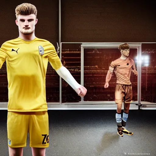 Image similar to a realistic detailed photo of a guy who is an attractive humanoid who is half robot and half humanoid, who is a male android, soccer players martin ødegaardtimo werner, shiny skin, posing like a statue, blank stare, in a factory, on display, showing off his muscles, gold soccer shorts, side view, looking at each other mindlessly