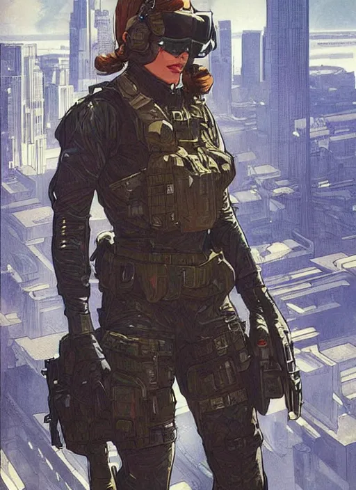 Prompt: Dinah. Beautiful USN special forces operator looking at city skyline. Agent wearing Futuristic stealth suit. rb6s Concept art by James Gurney, Alphonso Mucha.