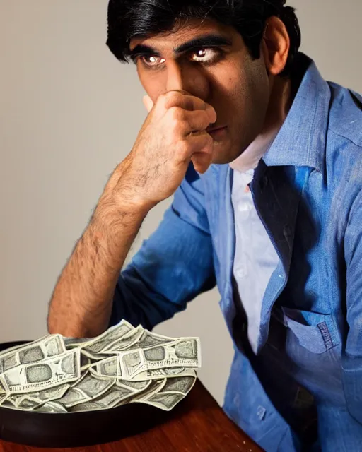 Image similar to film still close - up shot of rishi sunak counting money from the movie monty python's the meaning of life. photographic, photography