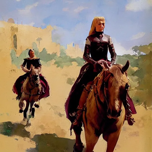 Image similar to portrait of woman wearing medieval clothing on horseback galloping, detailed by greg manchess, craig mullins, bernie fuchs, walter everett
