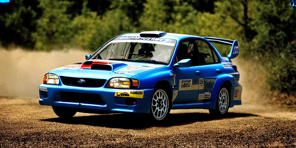 Prompt: photograph, rally car, 1999 subaru WRX, cinematic, 8k, depth of field, bokeh.