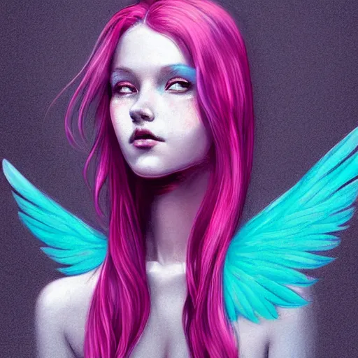 Image similar to beautiful magic angel with pink hair, full body, blue piercing eyes, thin features, beautiful aesthetic, by james jean, trending on artstation, digital art