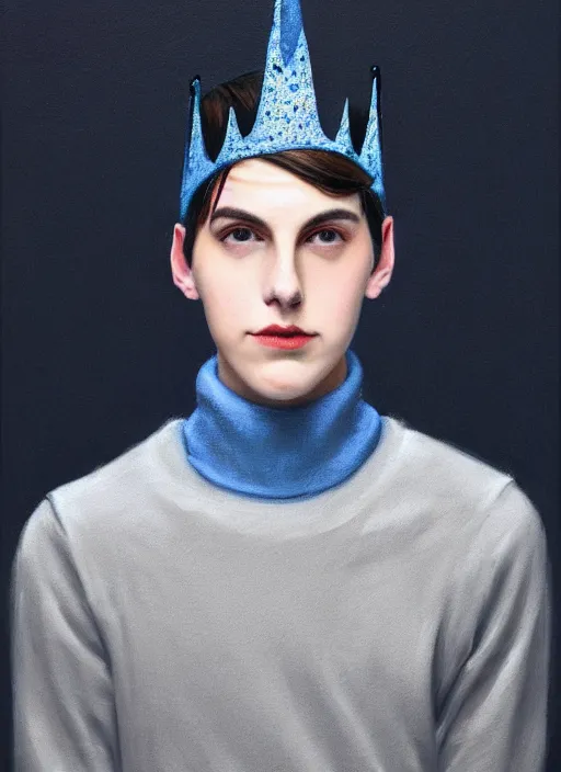 Image similar to portrait of teenage jughead jones wearing a light grey crown, crown, blue turtleneck, 1 9 5 0 s, closed eyes, photorealistic, black hair, glowing lighting, intricate, elegant, glowing lights, highly detailed, digital painting, artstation, concept art, smooth, sharp focus, illustration, art by wlop, mars ravelo and greg rutkowski