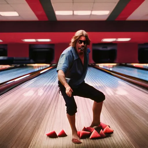Image similar to big lebowski throwing watermelon in bowling alley, cinematic action still, award winning professional food photography