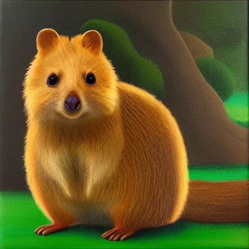 Image similar to detailing portrait oil painting of quokka in the style of grant wood, perfect lighting