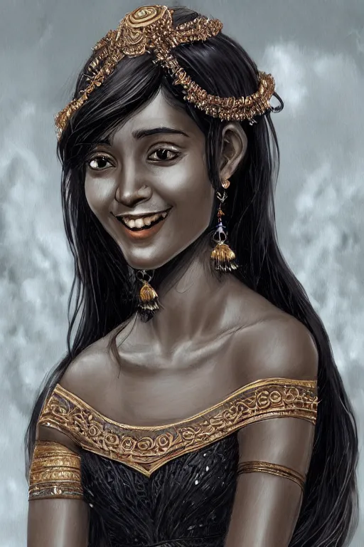 Image similar to A bust of a beautiful black skinned Sri Lankan girl with smiling lips and smooth eyebrows and straight hair, HD, illustration, epic, fantasy, intricate, elegant, amazing detail, digital painting, artstation, concept art, smooth, sharp focus, illustration, art by Turine Tran