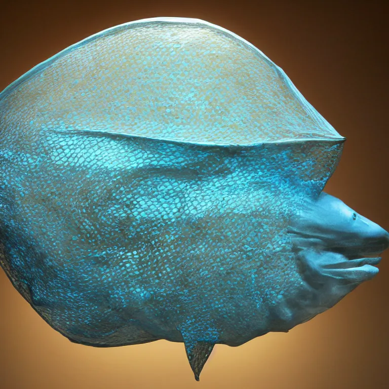 Prompt: hyperrealistic sculpture of a bronze fossilized flounder halibut in a large mesh bag made of blue silicone and latex on a pedestal by ron mueck and duane hanson and lee bontecou, hyperrealistic dramatic colored lighting trending on artstation 8 k