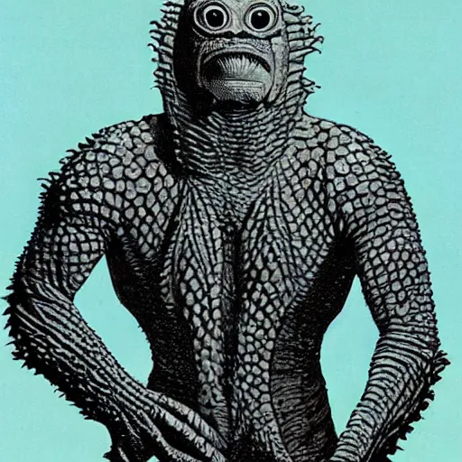 Image similar to gill - man from creature of the black lagoon by gerald brom and andy warhol