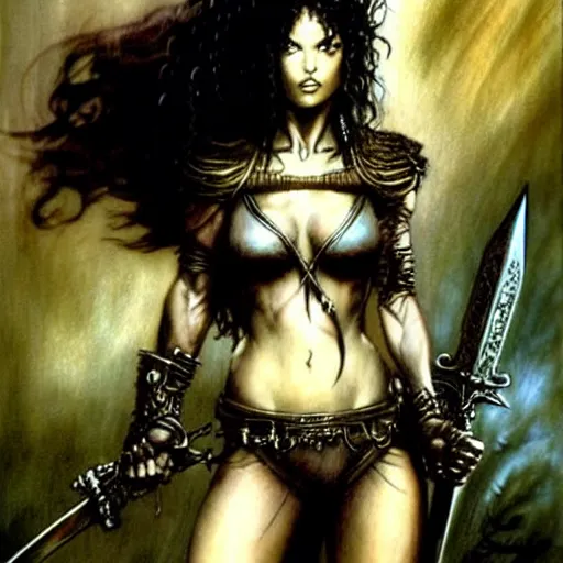 Image similar to female warrior, curly black hair, sword, cinematic, by luis royo, by frank frazetta