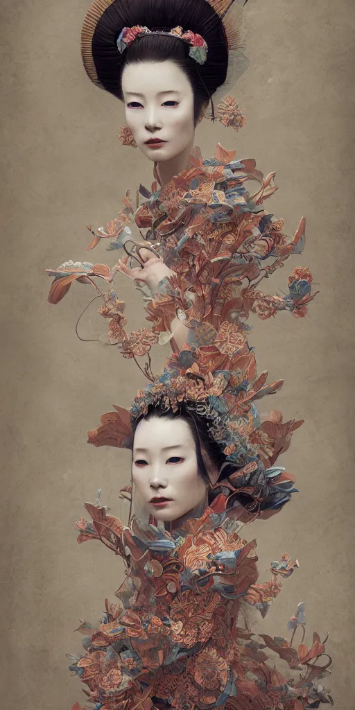 Image similar to portrait of a geisha, fractal, intricate, elegant, highly detailed, digital photography, subsurface scattering, cinematic lighting, by jheronimus bosch and james jean and greg rutkowski