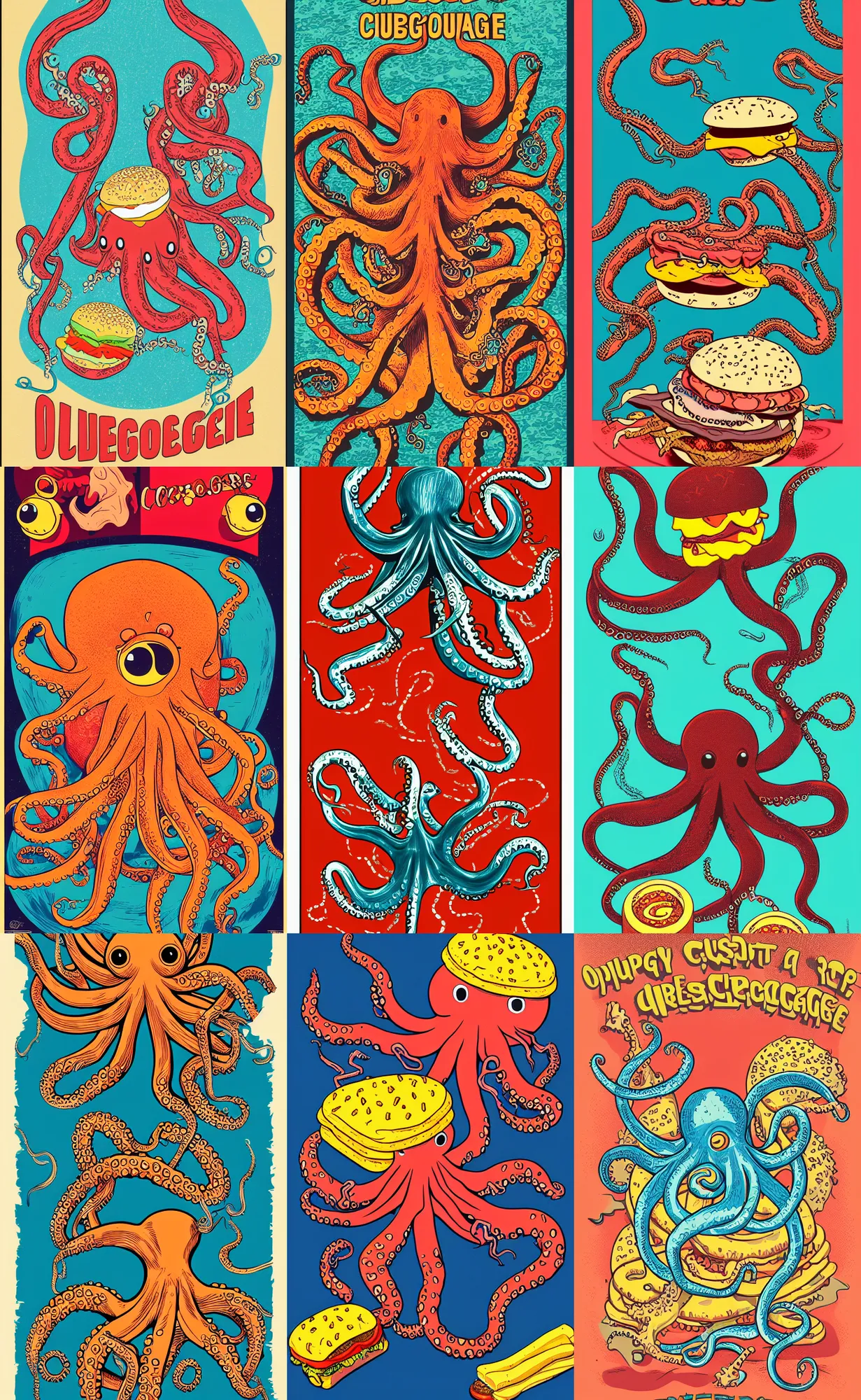 Prompt: highly detailed illustration of octopus attacking a cheeseburger, concert poster, symmetrical, 8 k, trending, vintage silk screen print