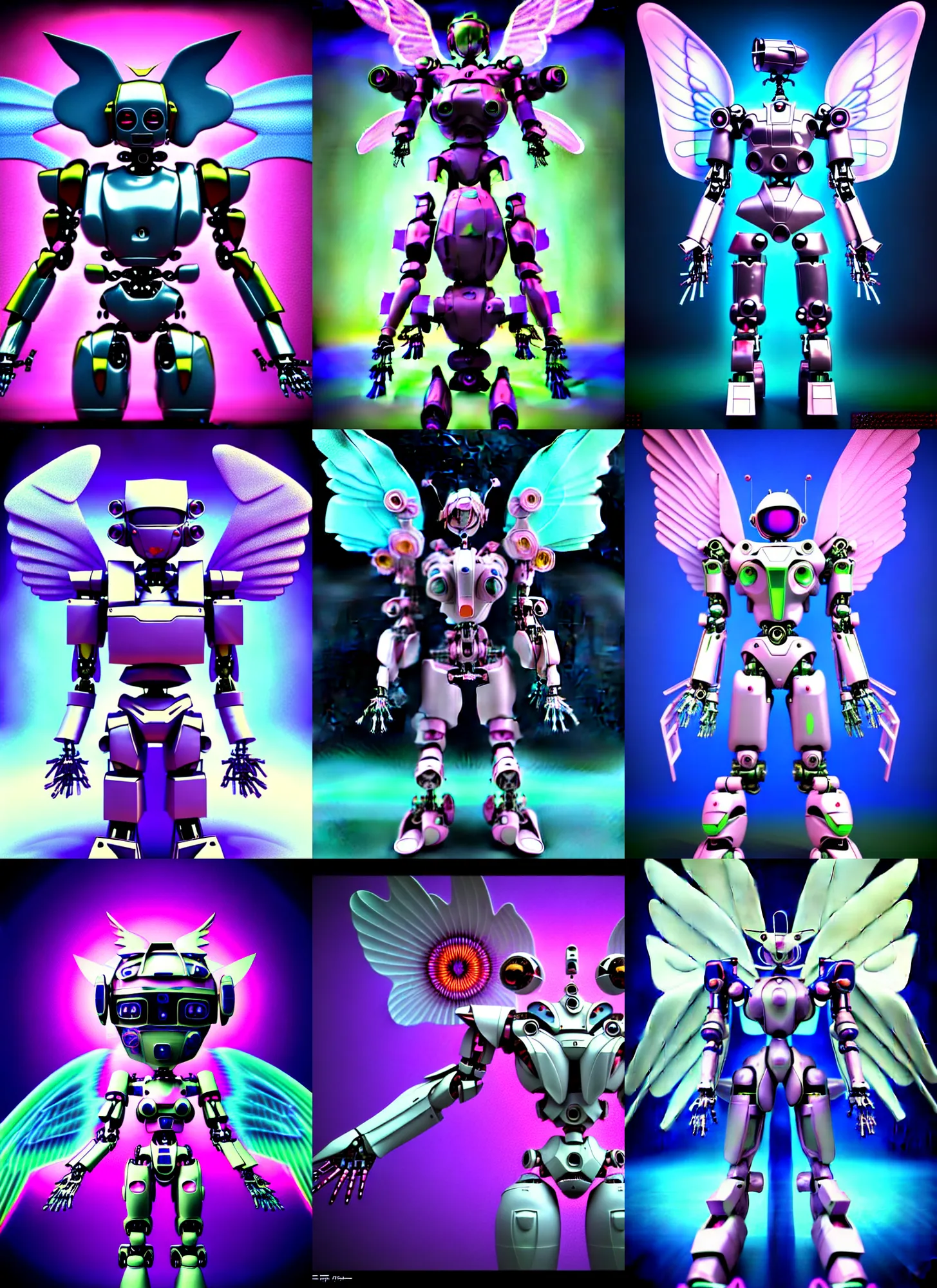 Prompt: 3 d rendered chibi cyborg mecha in the style of ichiro tanida by micha klein by phil wolstenholme 3 dimensional render wearing angel wings against a psychedelic acid trip swirly background with 3 d rendered butterflies and 3 d rendered flowers n the style of 1 9 9 0's cg graphics 3 d rendered y 2 k aesthetic by ichiro tanida, 3 do magazine