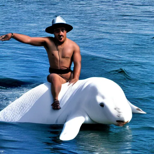 Prompt: lou bega riding a beluga, photograph