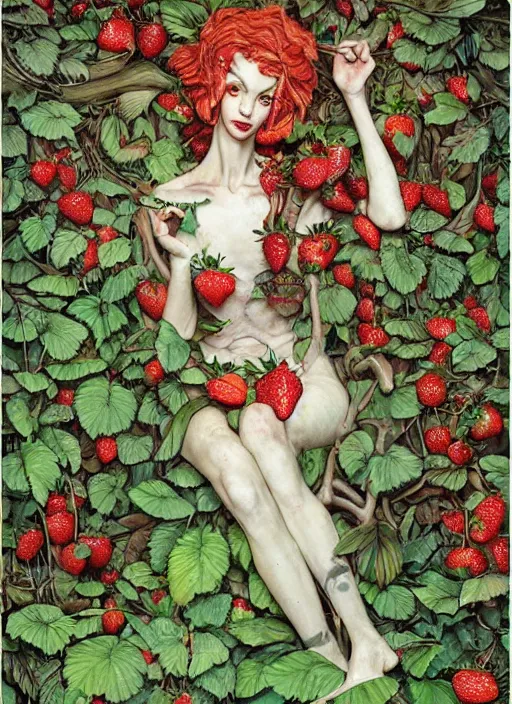 Image similar to lush strawberry forest fairy foliage painting carved in amber by chiara bautista and norman rockwell and greg rutkowski weta studio