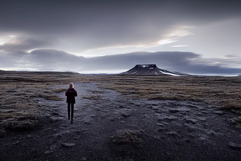 Image similar to a cinematic wide angle photograph of a traveller walking through a vast serene icelandic landscape, beautiful lighting, high depth, ultra realistic, artistic, by michal karcz and john harris