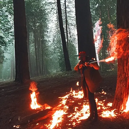 Image similar to a photo of jovanotti burn a forest with flamethrower