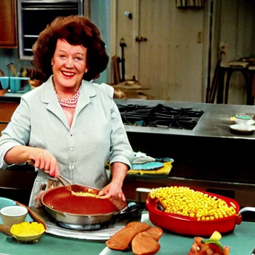 Image similar to color photo of julia child cooking show making corn dogs