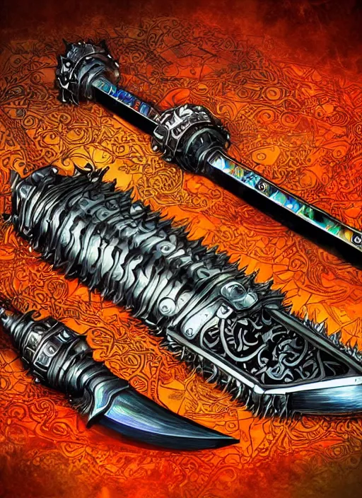 Image similar to legendary glowing sword of cybernetic technology on a table, digital award winning artwork, intimate, intricate, long sharp black and iridescent blade, ornate gothic baroque spikes coming out, colorful hilt, vivid detailed realistic, ray tracing, colored gems, golden pommel, artstation, deviantart