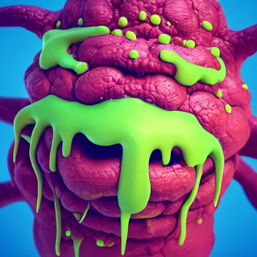 Image similar to slime monster made of Mucus, snot, pus, hair, ighly detailed, 3d, octane render, bright colors, digital painting, trending on artstation, sharp focus