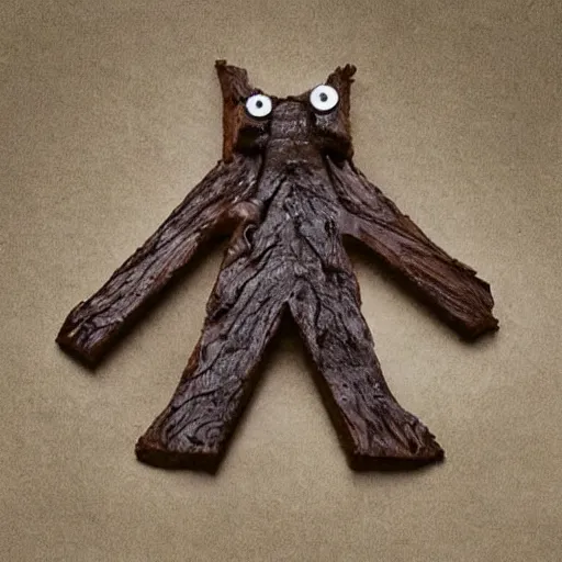 Image similar to A brownie that looks like a piece of wood. The shape is reminiscent of a pine tree, and the coloration is similar as well. It is covered with hair on its legs and torso, which makes it look like an animal in the forest. Its arms are thin but long, and have small hands and fingers. It carries an axe on its back, which makes it look like a lumberjack.