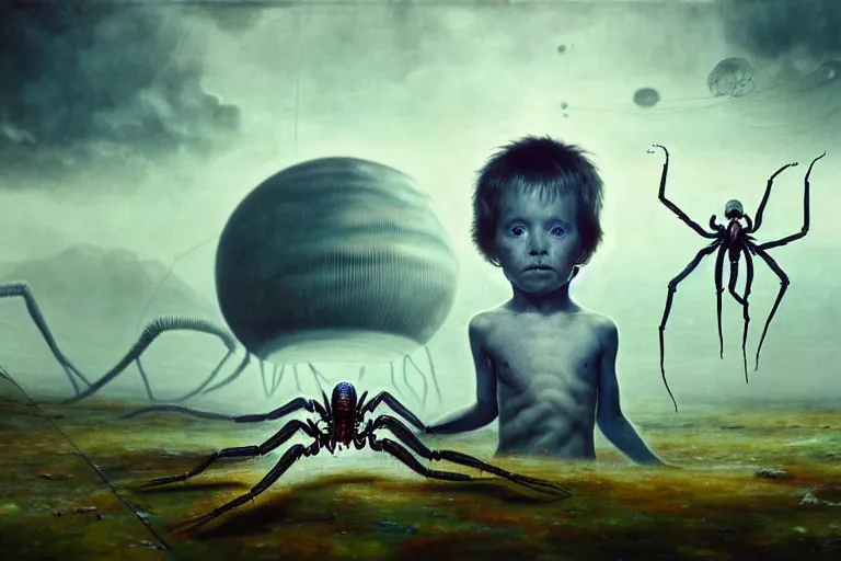 Image similar to realistic detailed photorealistic film portrait shot of a ghost kid playing with giant spider, futuristic sci-fi landscape on background by Denis Villeneuve, Amano, Yves Tanguy, Alphonse Mucha, Ernst Haeckel, Max Ernst, Andrei Tarkovsky, Edward Robert Hughes, Roger Dean, necklace, dynamic pose, rich moody colours, wide angle, blue eyes