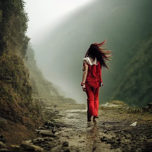 Image similar to define the character of a beautiful girl, messy long red hair, messy wet grey tribal clothes, short torn up pants, she is walking on a mountain and we see down in a deep valley a very poor old shanti town with wooden ruins, medieval time, heavy rain, late at night, mist, cinematic, 8 k,