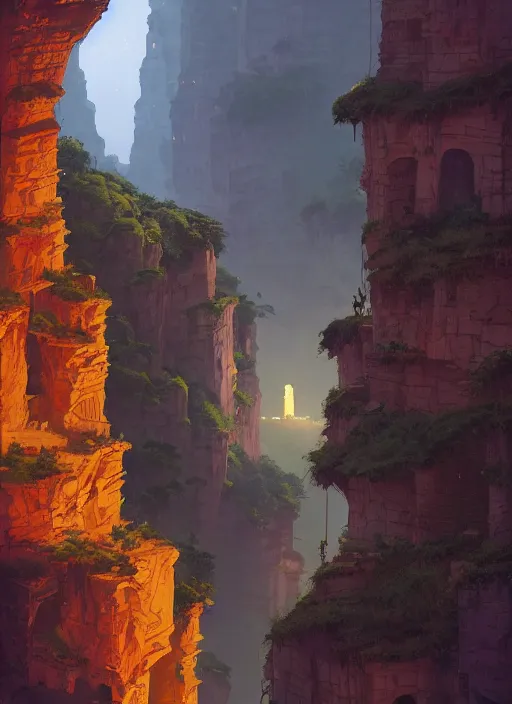 Image similar to medieval city built on terraces in a gigantic canyon, lots of buildings connected by hanging bridges, waterfalls, glow coming from amber veins in the ground, lush vegetation, pitchblack sky, extremly detailed digital painting, in the style atey ghailan and greg rutkowski, rim light, beautiful lighting, 8 k, stunning scene, raytracing, octane, trending on artstation