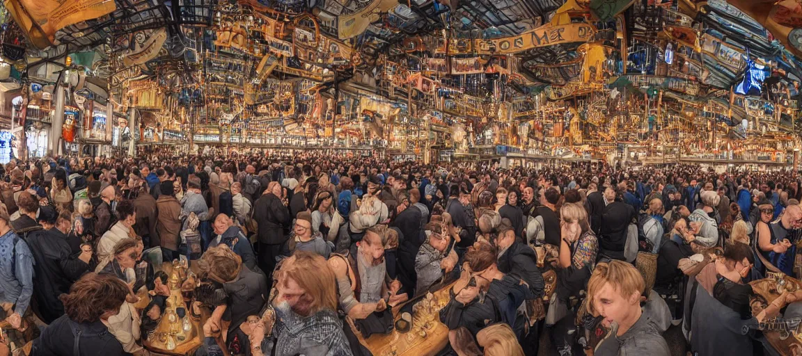 Prompt: crowded cyberpunk oktoberfest beer hall, detailed, wide angle, realism 8k HDR