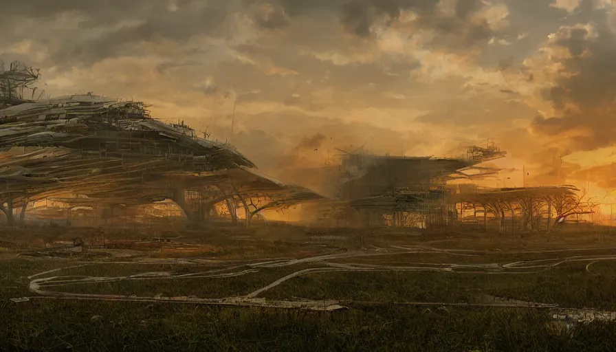 Image similar to destroyed dulles international airport covered by vegetation, sunrise, volumetric light, destroyed planes, destroyed control tower, hyperdetailed, artstation, cgsociety, 8 k