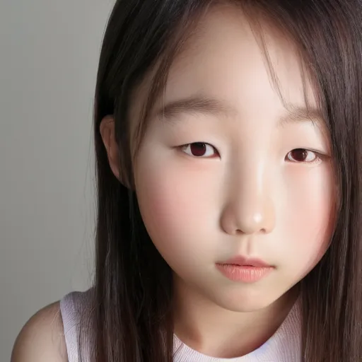 Prompt: portrait photo head and shoulders child Korean girl full lighting flash photo, Brightly lit, eyebrows exposed no hair on face mouth closed looking directly into camera