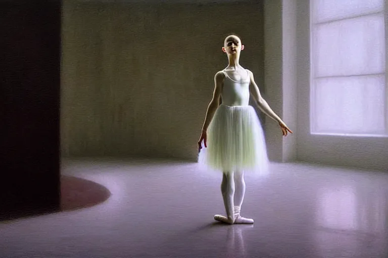 Prompt: hyperrealistica young beautiful ballerina in lush white and light white dress sits on the floor before the performance, in the style of beksinski, solarpunk, atmospheric, clean, intricate and epic composition, green by caravaggio, insanely quality, highly detailed, masterpiece, blue light, artstation, 4 k