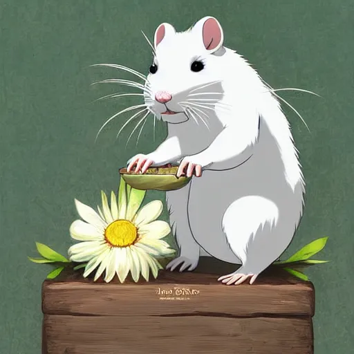 Image similar to white rat holding a flower cinematic composition, studio ghibli, digital art, cute