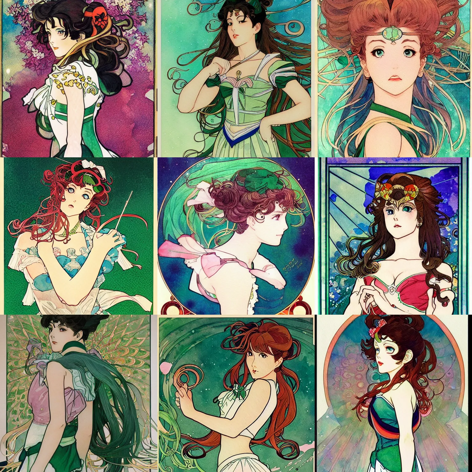 Prompt: the sailor jupiter. beautiful, realistic painting by mucha and kuvshinov and bilibin. watercolor, thick lining, manga