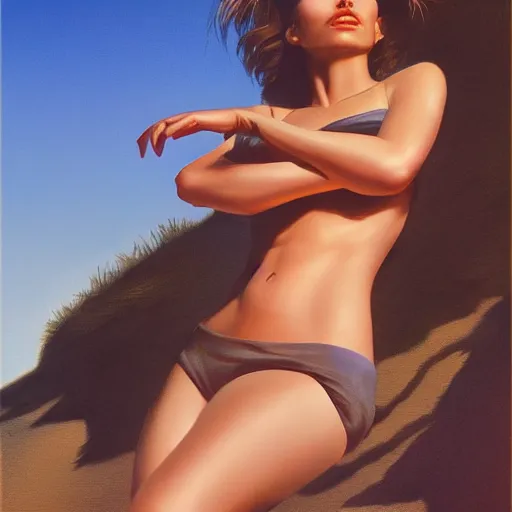 Image similar to Natalie Portman at the beach, Joe Jusko, 8k photography, trending on artstation, frank Frazetta