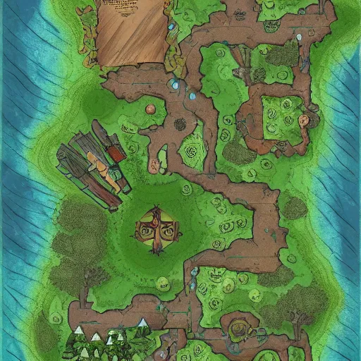 Image similar to a DND forest map created in inkarnat and dungeon draft . Aerial view, d&d tabletop. Art station, Patreon