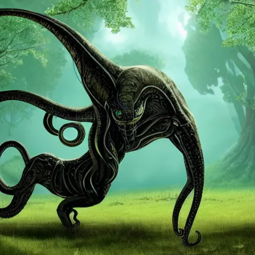 Prompt: large running alien quadruped with an elongated body, resembling a big cat made our of black squirming tendrils and tentacles, in the shape of a stalking predator, sprawling out, forested environment, leaping out from the forest tree line