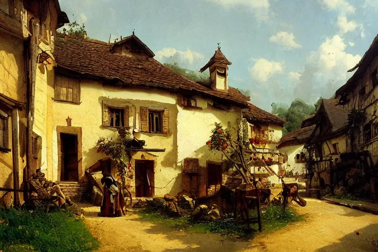 Image similar to small country village, carl spitzweg, james gurney, thrending on artstation