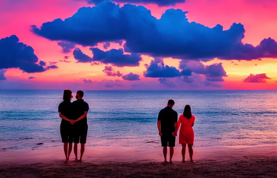 Image similar to 8 k uhd wonderful colorful sunset on a seashore with a cloud in the shape of a couple holding hands, professional photography,