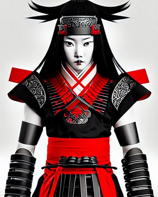 Prompt: beautiful samurai warrior woman only, manga style only, black white and red colors only, symmetrical face and full body, demonic, cinematic, powerful, super detailed and intricate, hyper realistic, 4 k render, by artgerm, by kyoung hwan kim, by ralph mcquarrie, by yoshiyuki tomino