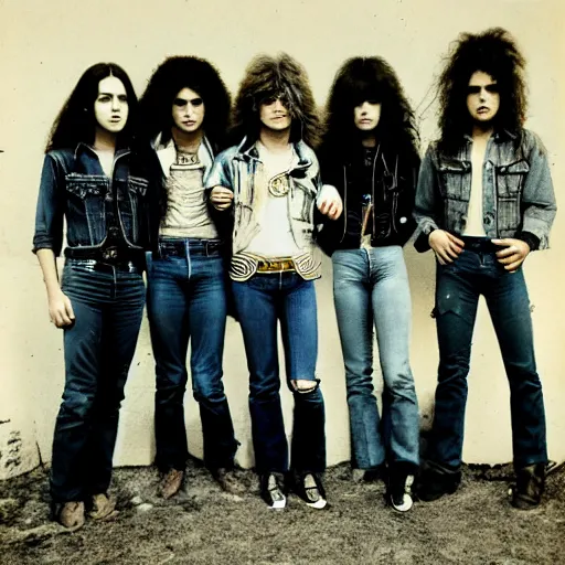 Image similar to group of 1 9 - year - old girls with shaggy wavy hair, wearing double denim, proto - metal band promo, heavy rock band promo photo, 1 9 7 5 photo