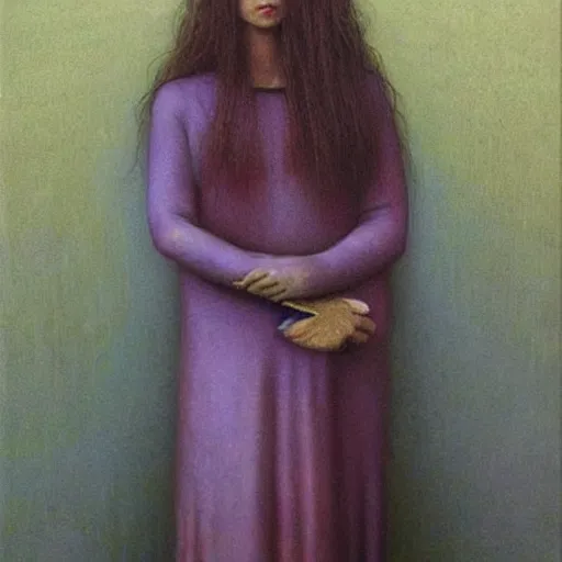 Prompt: young female in purple dress, painting by Beksinski