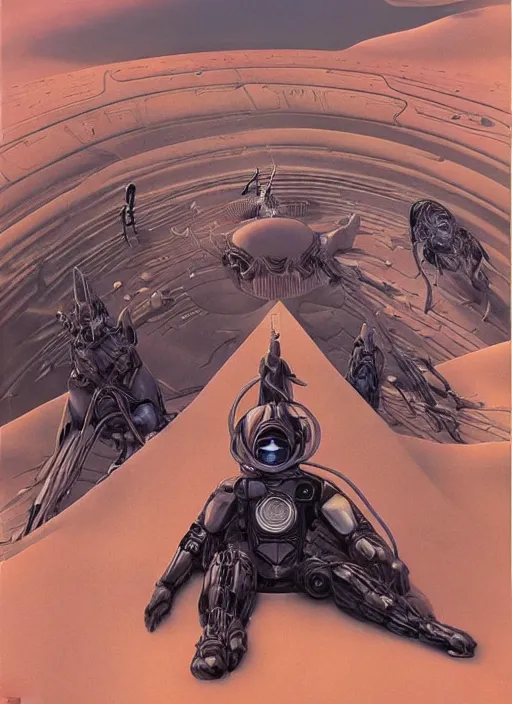 Image similar to Michael Whelan art directs Dune (1984) where a cybernetic-orchestra!!! plays, veiled in the dust, photorealistic, 3d render, award winning render, unreal engine, octane render, studio lighting, 8k, hd