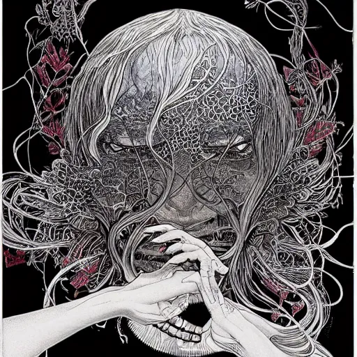 Prompt: life is so beautiful painted in alex grey and james jean style drawn by vania zouravliov and takato yamamoto, inspired by y - 3, intricate acrylic gouache painting, black and white, 3 d, high detail, sharp high detail, artstation