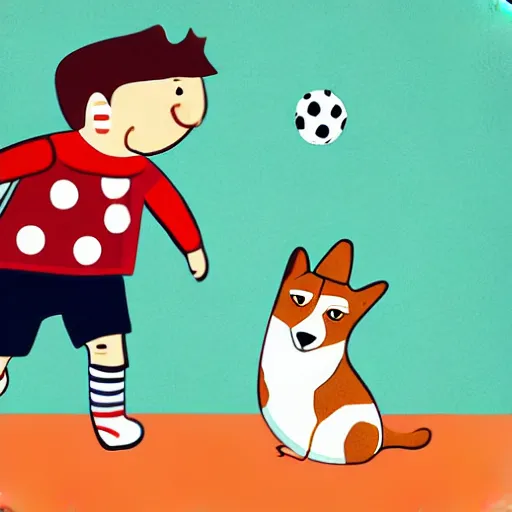 Image similar to illustration of french boy playing football with a corgi who is wearing a polka dot scarf