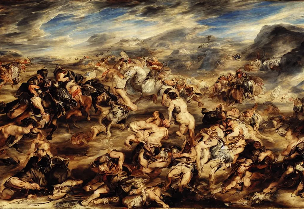 Image similar to afghanistan war by peter paul rubens, desert, battlefield, bombs